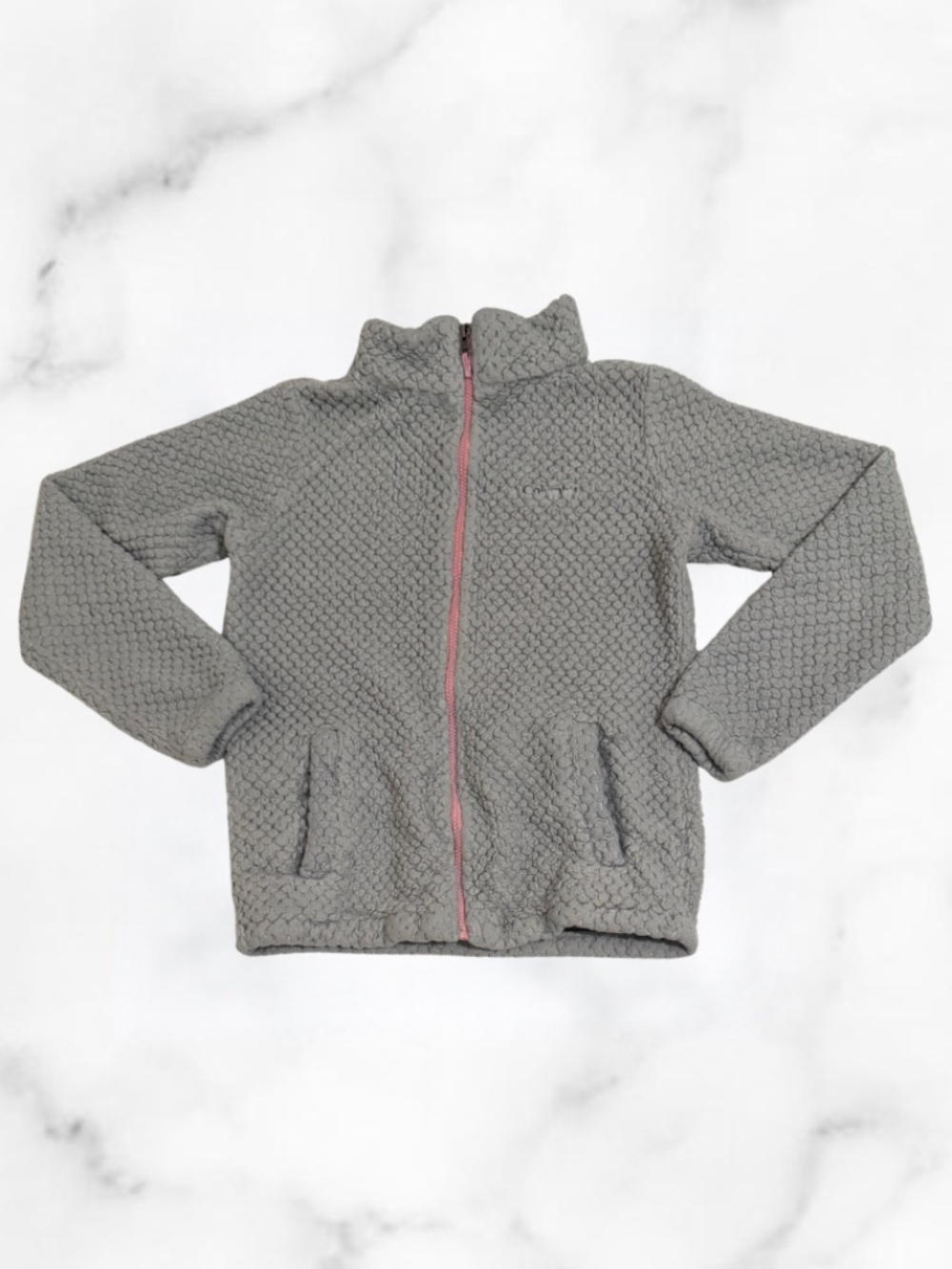 Girls Columbia Fuzzy Gray Sweater with a Pink Zipper and Pockets